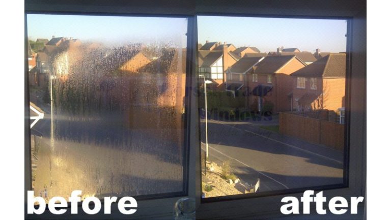 Locked solid misted glass replaced Comparison of a frosted window on the left and a clear window on the right, showing improved visibility.